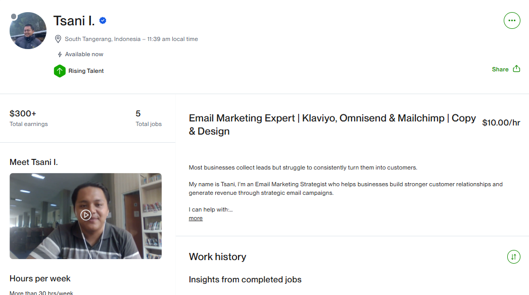 Upwork profile of an email marketing expert from Indonesia with 5 jobs and Rising Talent