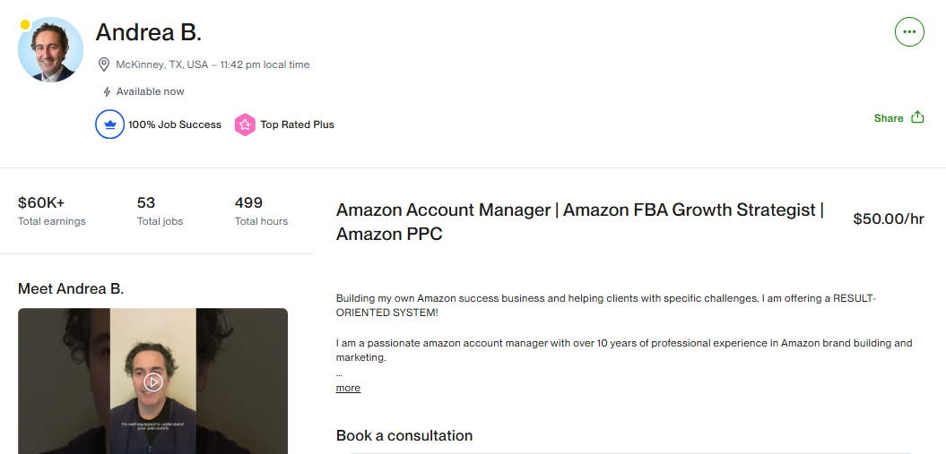 Upwork profile of an Amazon account manager with $60K+ earned at $50 per hour