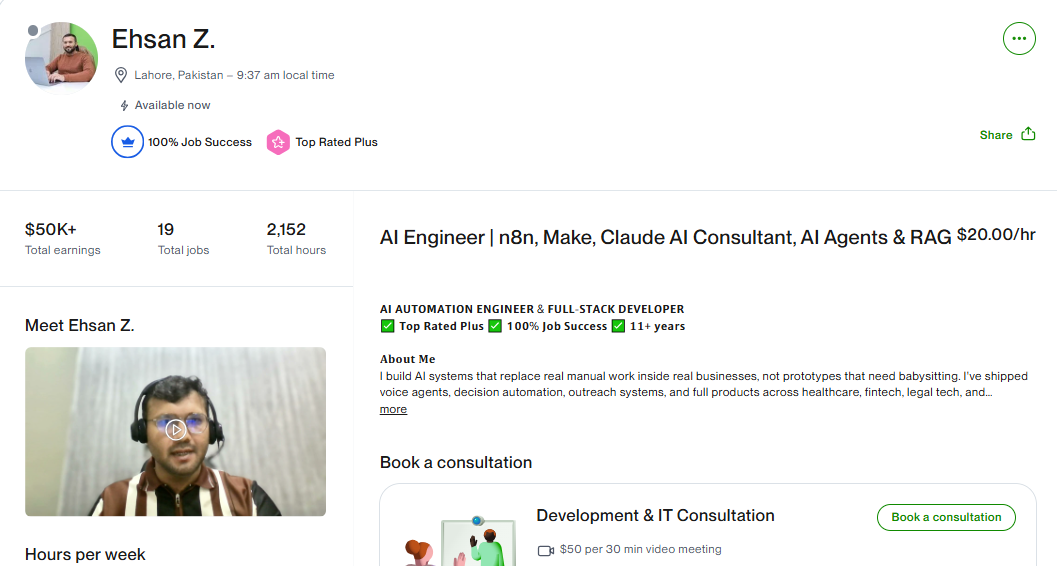 Upwork profile of an AI engineer from Lahore, Pakistan with $50K+ earned and Top Rated Plus