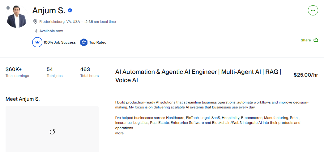 Upwork profile of an AI automation engineer with $60K+ earned and 100% Job Success