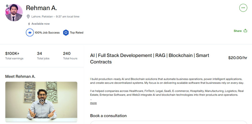 Upwork profile of a full stack AI and blockchain developer with $100K+ earned