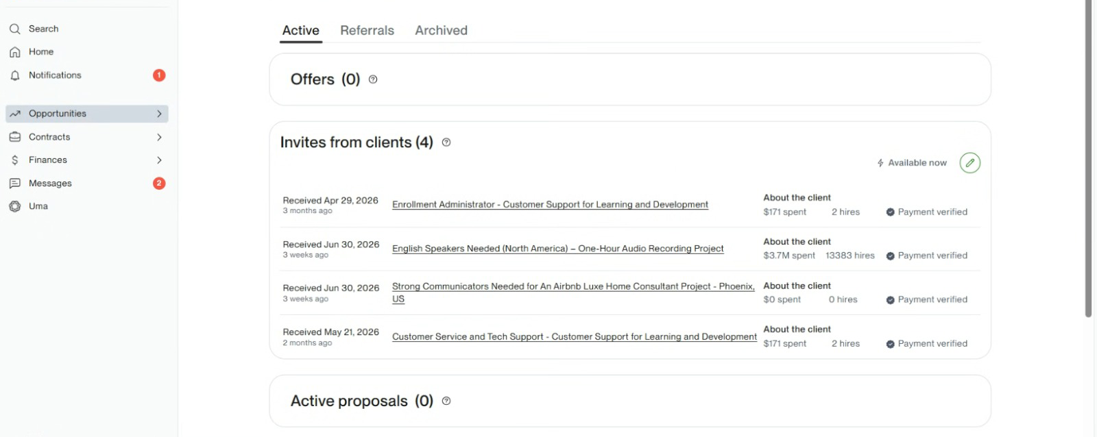 Upwork opportunities page showing four active invites from payment-verified clients