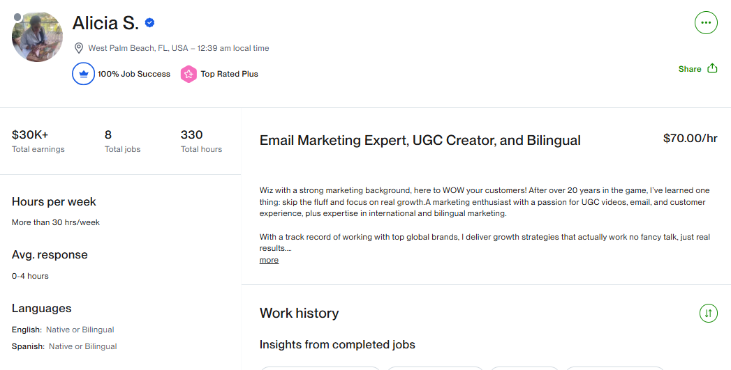 Upwork profile of an email marketing expert with $30K+ earned at $70/hr