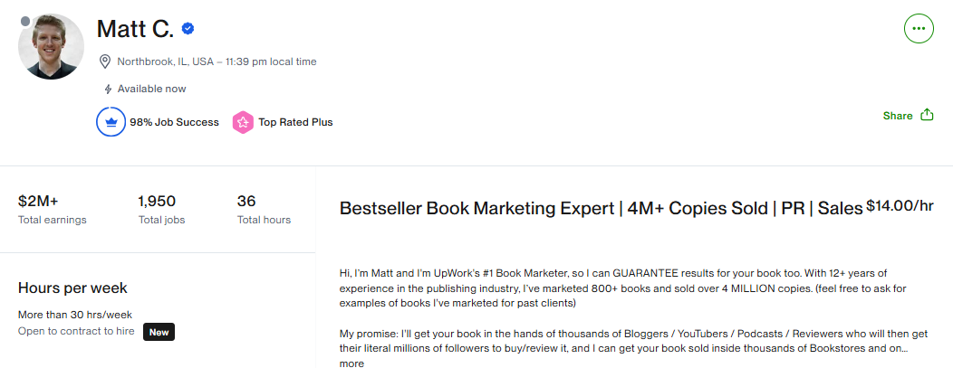 Upwork profile of a book marketing expert with $2M+ total earnings