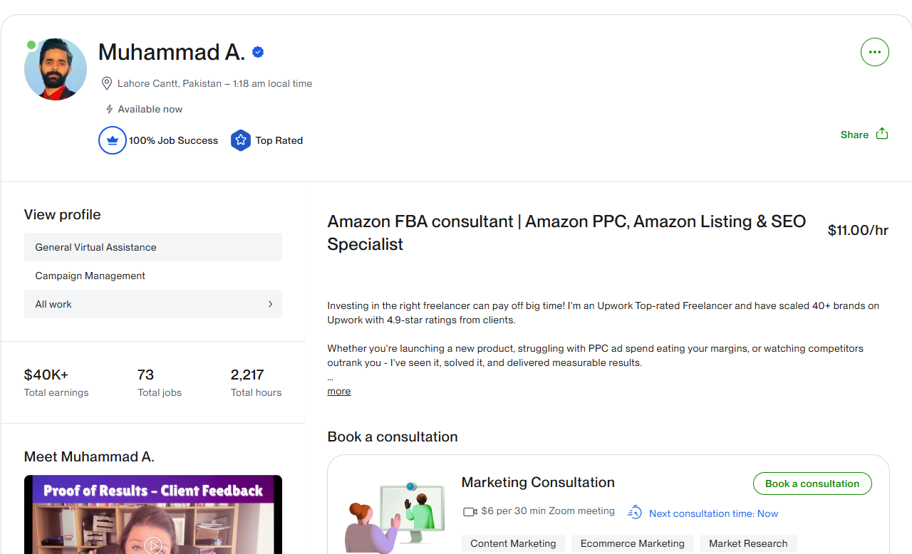Upwork profile with $40,000 earned