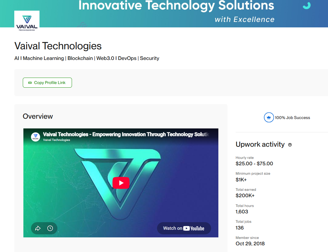 Upwork agency profile for Vaival Technologies with $200K+ total earned