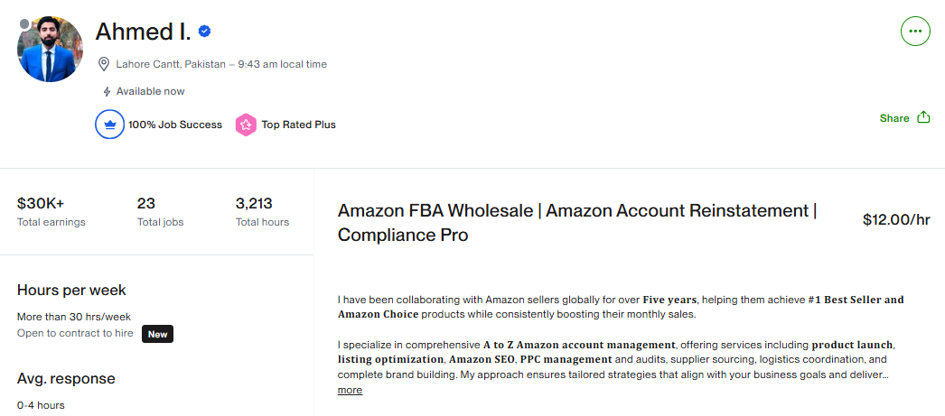 Upwork profile of an Amazon FBA specialist from Lahore, Pakistan with 3,213 hours logged