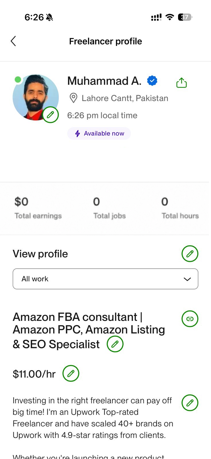Upwork profile with zero earnings and zero jobs