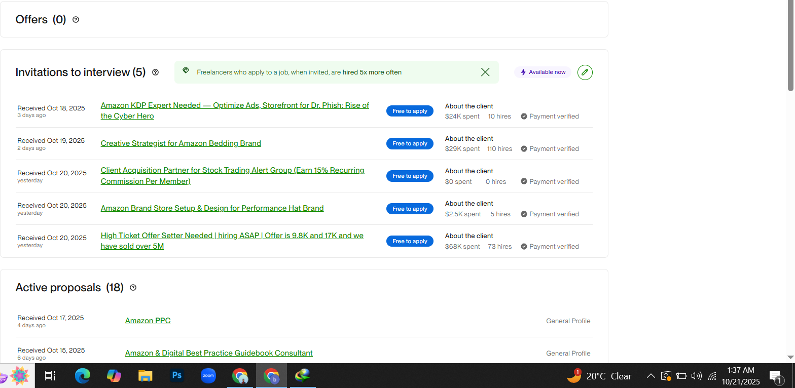 Five Upwork invitations to interview received in a single week