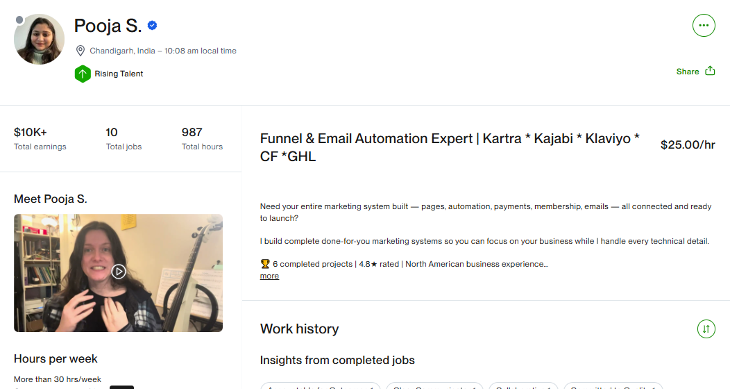 Upwork profile of a funnel and email automation expert with $10K+ earned at $25 per hour