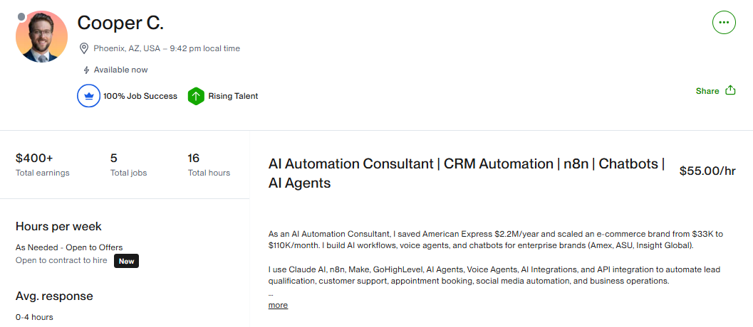 Upwork profile of an AI automation consultant charging $55 per hour with Rising Talent