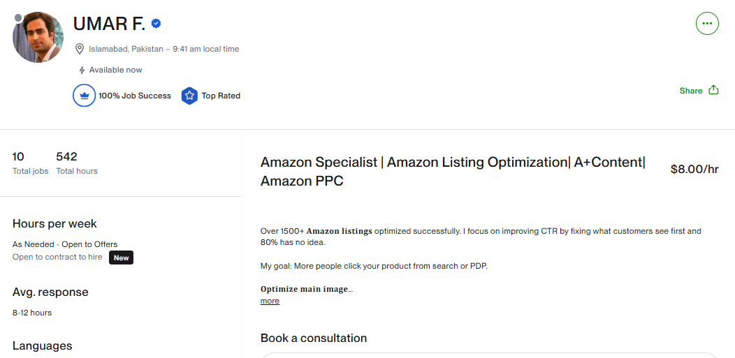 Upwork profile of an Amazon specialist from Islamabad, Pakistan with 100% Job Success